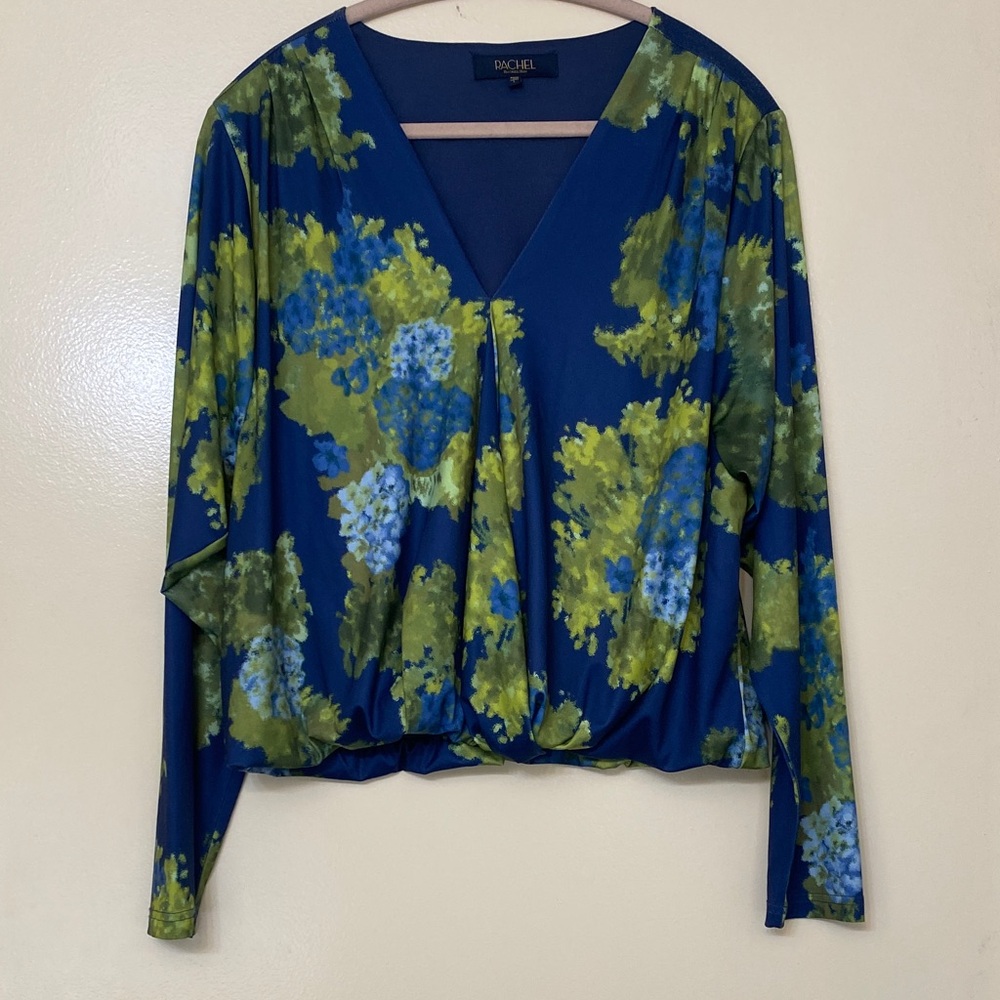 Rachel Roy Blue & Green Floral V-Neck Long Sleeve Blouse